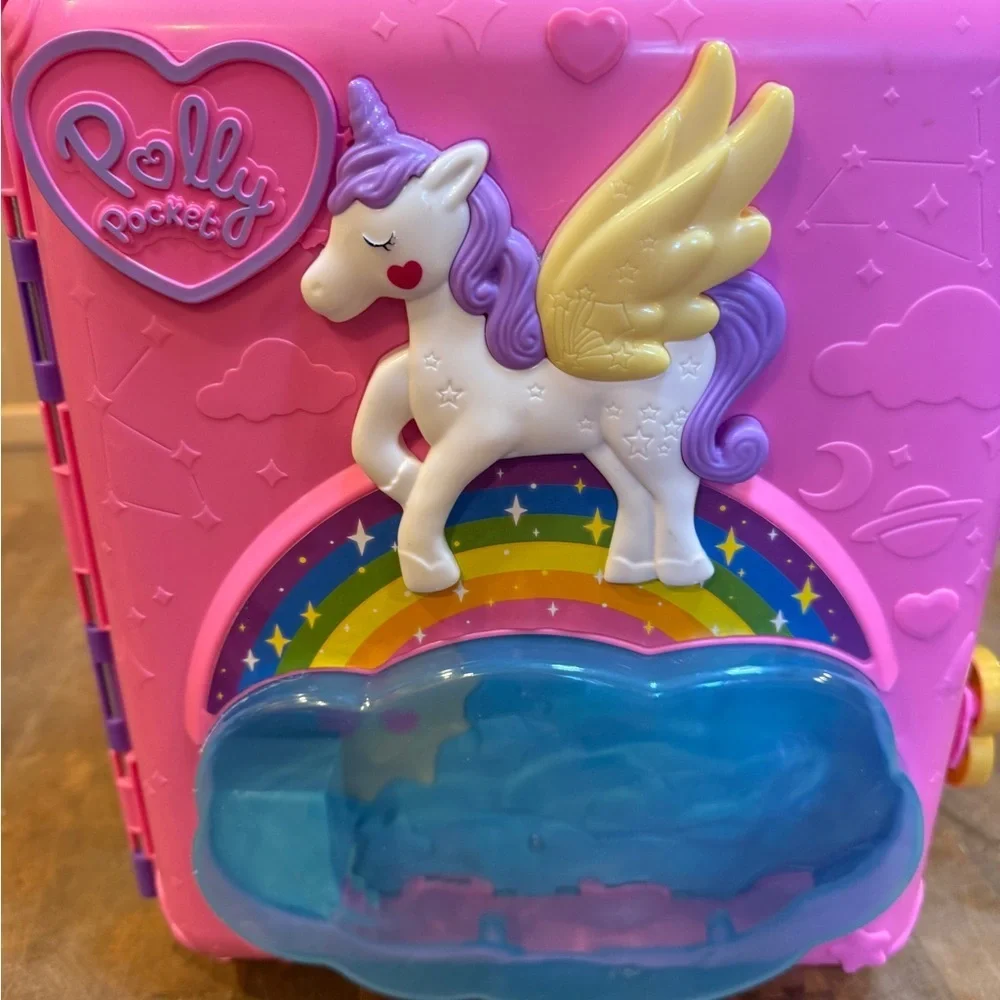 Mattel Pink Polly Pocket Unicorn Party Rolling Case Resort with Purple Handle